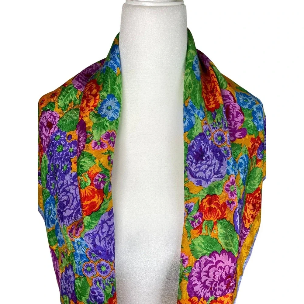 Albert Nipon Vintage Floral Jacquard Silk Square Scarf Gold Purple Hand Rolled‎